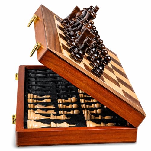 15'' 2 in 1 Wooden Magnetic chess and checkers set (2 Extra Queens, Foldable Chess set & Cotton Storage Bag) Magnetic Chess Sets for Adults with Color Gift Box, Handmade Checkers Board Game