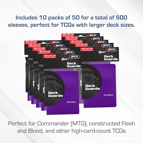 BCW Deck Guard - Double Matte Card Sleeves | 500 Count Box (10 Packs of 50 Sleeves) |Acid-Free, No PVC | Fits 2.5" x 3.5" Game Cards | Archival Safe Sleeves for Card Protection (Purple) - color: Purple