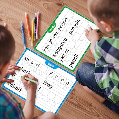 2PCS Phonemic Awareness Boards, Fully Laminated Double-Sided Syllable Cards, Dry-Erase Phonics Games, Speech Therapy Material Learning Board for Kids, Students, Classroom and Home (8.5” x 11”)