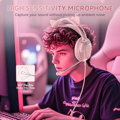 Wantek Cute Cat-Ear Gaming Headset - 50mm Drivers, Noise-Cancelling Mic, 3.5mm Wired Stylish & Lightweight Design (Pink) - color: Pink