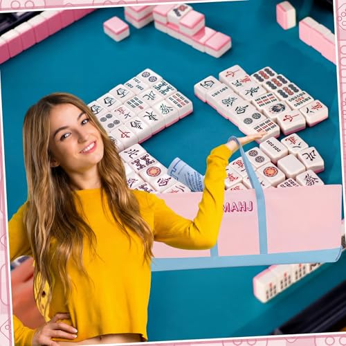 Mahjong Bag for Tiles and Racks Empty American Mahjong Tiles Carrying Tote 31.5 x 12 x 4 Inch Canvas Tile Game Accessory Gift for Pusher Rack Mat Carrying, Case Only (Pink and Blue) - color: Pink and Blue