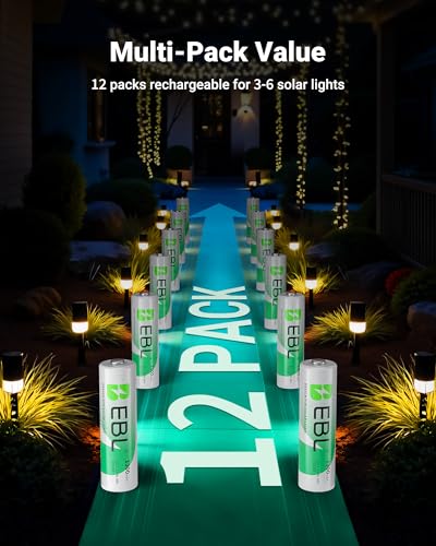 EBL Solar AA Battery Rechargeable Batteries for Solar Lights, 12 Pack | 1300mAh NIMH Pre-Charged 1.2V Mercury-Free, 1200 Cycles for Outdoor Garden Landscaping String Lights - size: Pack of 12 AA, style: AA
