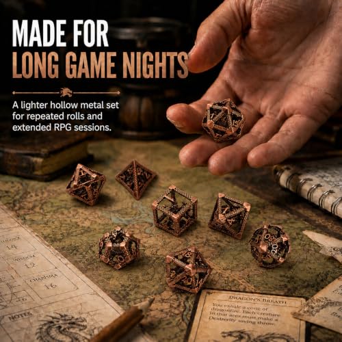 DND Dice Set,3D Hollow Dragon Metal 7-Die,Antique Red Copper | copper construction,68g balanced weight,engraved numbers,gift box and velvet bag for DND RPG play - color: 3d-copper