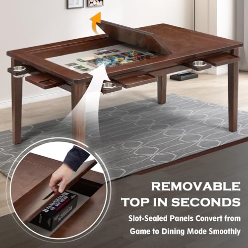 63"x39" Board Game Table with Removable Top Solid Wood Dining/Gaming Table | Gaming Table for 4-6 Players with Play Mat, 6 Detachable Cup Holders & 6 Hobby Trays (Black Walnut) - color: Black Walnut