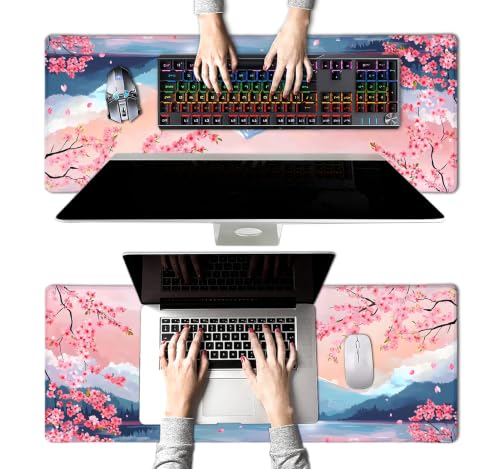 Large Mouse Pad, Desk Mat Computer Keyboard Pad Non-Slip Rubber Base Waterproof with Stitched Edges for Laptop Gaming, Office & Home 31.5 x 11.8 Inch (Cherry Blossom Mountains) - color: Cherry Blossom Mountains