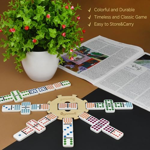 Queensell Mexican Train Dominoes Set Double 15 for Adults and Family, Mexican Train Double 15 Dominoes Set Colored Dot - 136 Tiles, 9 Trains, Wooden Hub, Aluminum Case (Double 15) - style: Double 15
