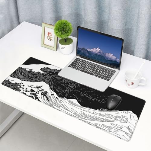 Large Gaming Mouse Pad Desk Mat, Japanese Great Waves Extended Keyboard Mouse Pad Mousepad with Non-Slip Base and Stitched Edge Mouse Mat Desk Pad Mouse Pads for Desk Home Office, 31.5 x 11.8 - color: Japanese Waves