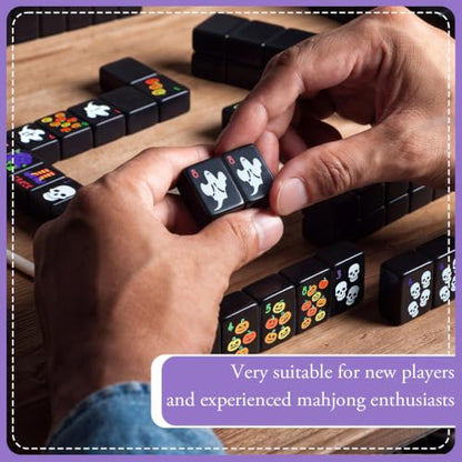 160 Pcs Halloween American Mahjong Set 1.2 Inch Pumpkin Cat Witch Ghost Mini Mahjong Tiles Set Melamine Carved Pattern for Adult Halloween Mah Jong Lovers Social Games (Black,Classic) - color: Black, style: Classic