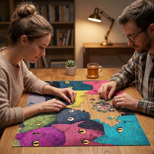 1000 Piece Puzzle for Adults, Colorful Whimsical Cat Faces Illustration, Premium Matte Finish, Thick Blue Cardboard, Fun and Challenging Jigsaw Puzzles for Cat Lovers - color: Rainbow Cats Squad