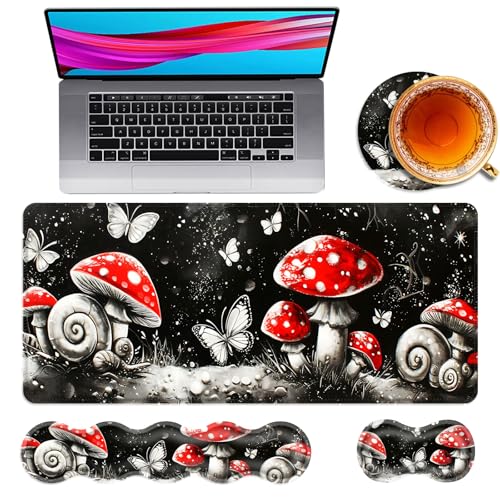 Large Mouse Pad and Keyboard Wrist Rest, Desk Pad for Keyboard and Mouse, 4-in-1 Large Gaming Mouse Pad with Wrist Support, Desk Mat for Home Office Study Game,Mushrooms Snails Butterflies - color: Mushrooms Snails Butterflies