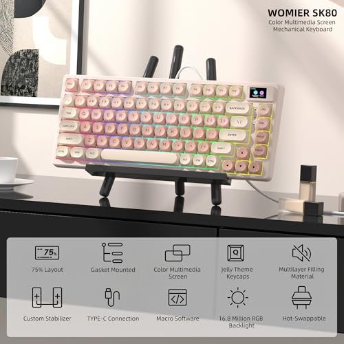 Womier SK80 75% Foundation Mechanical Keyboard with Multimedia Display | Pink Gaming Creamy Keyboards, Jelly Keycaps Hot Swap RGB Wired Key board Pre-lubed POM Switch for Mac/Win, Pink - color: Pink
