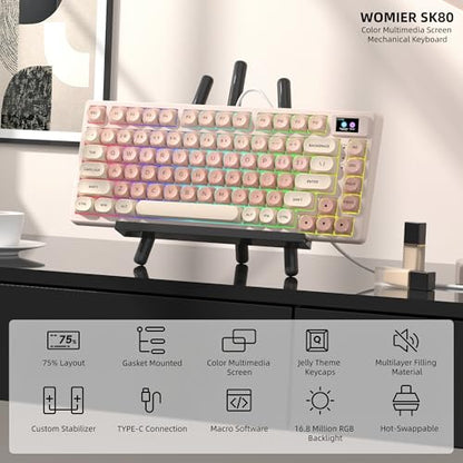 Womier SK80 75% Foundation Mechanical Keyboard with Multimedia Display | Pink Gaming Creamy Keyboards, Jelly Keycaps Hot Swap RGB Wired Key board Pre-lubed POM Switch for Mac/Win, Pink - color: Pink