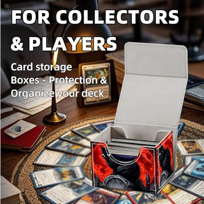Trading Card Storage Box, Premium PU Leather with Magnetic Closure, Holds 100+ for MTG Cards, Black Cat & Red Moon Durable Deck Box for Magic the Gathering, Trading Card Games - color: Black Cat & Red Moon