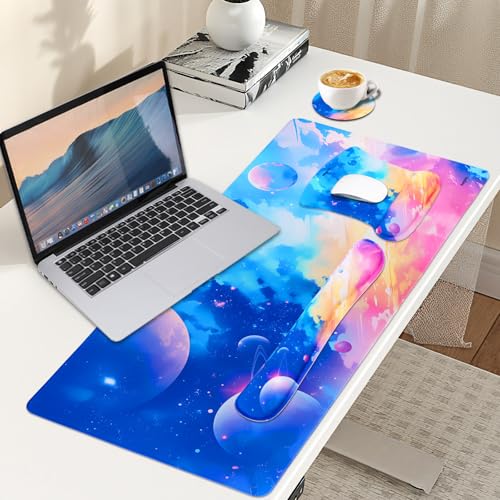 MEGREZ 4-in-1 Mouse Pad with Wrist Rest Ergonomic Memory Foam Desk Mat Set | ergonomic, anti-slip base, 4pcs set, desk pad, mouse wrist rest, keyboard rest, coaster, ideal for office & gaming - color: Colorful Interstellar