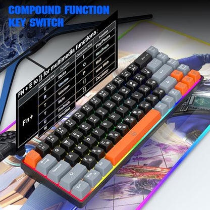 Snpurdiri 60% Percent Gaming Keyboard (68 Keys, Black-Grey-Orange) | Compact RGB Backlit Small Gaming Keyboard for Windows, PC, Laptop - color: Black Grey Orange