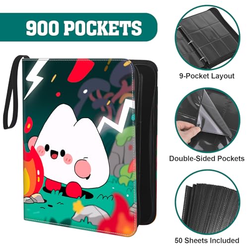 Trading Card Binder, 900 Pockets, 50 Sheets 9-Pocket, Refillable 3-Ring, Fits 2.5" x 3.5" Cards, Acid-Free PVC-Free Pages, Zip PU Cover with Strap, for TCG & Sports Cards – Campfire Design - color: Campfire Buddies