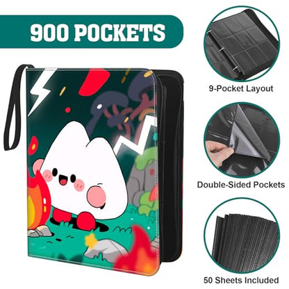 Trading Card Binder, 900 Pockets, 50 Sheets 9-Pocket, Refillable 3-Ring, Fits 2.5" x 3.5" Cards, Acid-Free PVC-Free Pages, Zip PU Cover with Strap, for TCG & Sports Cards – Campfire Design - color: Campfire Buddies