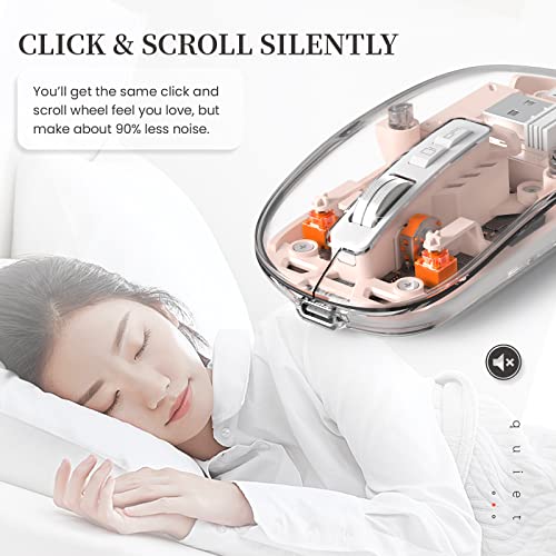 A.JAZZ Wireless Bluetooth5.1&2.4G Mini Lightweight Mouse,Transparent Clear Cool,Rechargeable Silent Computer Mice,Nano USB C Receiver,LED Battery Magic Silm for Office/PC/Mac/Laptop/Apple/ipad(Pink) - color: Pink