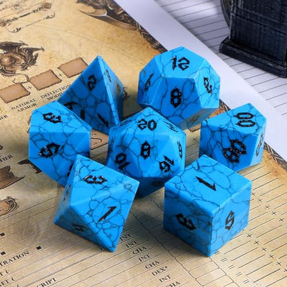 Synthetic Turquoise Cracked Blue Dice Set, 7-Piece Polyhedral Dice for Dungeons & Dragons (D&D), Pathfinder, MTG, Tabletop RPG Gaming, Natural Texture Dice with Black Numbers (Blue) - color: Blue