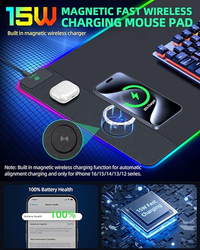RGB Gaming Mouse Pad with 15 Magnetic Wireless Charging, 31.5"x15.7" | Large XXL Desk Mat, 15 Lighting Modes, Non-Slip Rubber Base, Waterproof Mousepad Computer Keyboard Pad, Black with Adapter - color: Rgb - 31.5"x15.7" (20w Pd Adapter)
