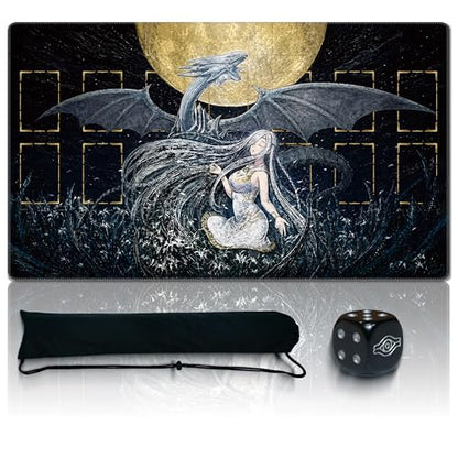 TCG Playmat with Field Zones Compatible with Yu-Gi-Oh - 24x14 Single Player Duel Mat, Dice & Bag (Silver Dragon Maiden)