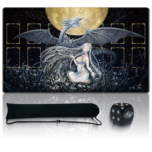 TCG Playmat with Field Zones Compatible with Yu-Gi-Oh - 24x14 Single Player Duel Mat, Dice & Bag (Silver Dragon Maiden)
