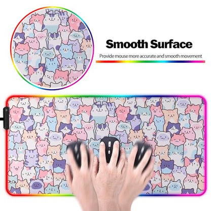 RGB Pink Cat Mouse Pad, Large LED Gaming Light Up Computer Mousepad, Long Glowing PC Laptop and Keyboard Office Desk Mat for Women - color: Rgb05