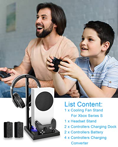 Cooling Fan Stand for Xbox Series S Console with Dual Cooler System, Vertical Charging Station Dual Controller Charger Dock with 2x1400mAh Rechargeable Battery Pack,1 Headset Hanger &4 Type C Adapter