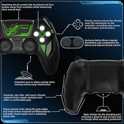 PlayVital Silicone Skin Set for PS5 Controller - Mecha Rhino Design, Anti-Slip Grip Cover Protector Compatible with Charging Dock, with Thumb Grips & Touchpad Sticker - Black & Green - color: Black & Green