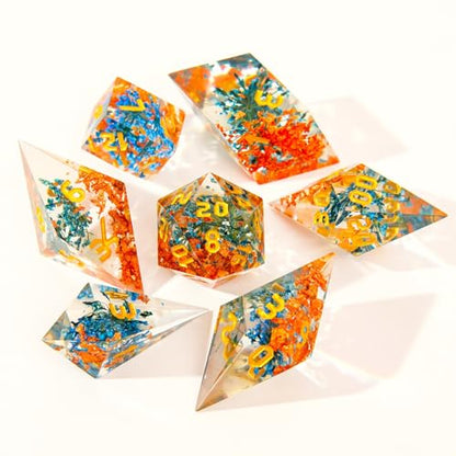 Sharp Edge DND Dice Set Flower Handmade 7 Accessories Dice for Dungeons and Dragons TTRPG Games, Multi-Sided RPG Polyhedral Resin Sharp Edge Dice Roleplaying Games - color: Flower