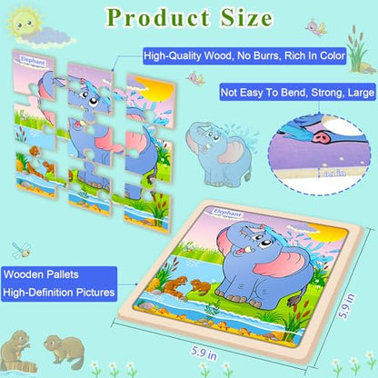 Wooden Puzzles for Toddlers Ages 2-4, 8 Pack 9 Pcs Kids Jigsaw Puzzles Set for Ages 3-5, Educational Learning Toys Gift for 3 4 5 Year Old Boys Girls, Cute Preschool Animal Patterns