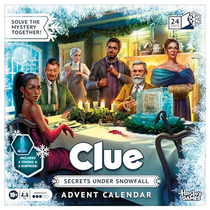 Clue Advent Calendar: Secrets Under Snowfall | 24 Days | Family Mystery Games | with 6 Winter-Themed Tokens and Surprise | Ages 10+ | 1+ Players
