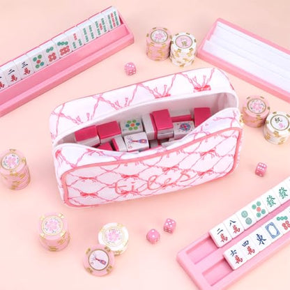 Sanwuta 1 Pcs Mahjong Tile Bag with Zipper,Pink,Bow | Embroidered Mahjong Case for 166 American Mahjong Tiles (1.2") Portable Bags for Board Game Party Gathering Travel - color: Pink, style: Bow