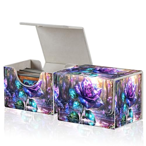 for MTG Commander Deck Box,Card Deck Box for Trading Yugioh MTG,Fits 100 Double Sleeved Cards,PU Leather Strong Magnet Case for Magic Commander TCG CCG,Purple Glitter Flower - color: Purple Glitter Flower