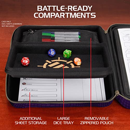 ENHANCE RPG Organizer Case - DnD Binder with Built-in Character Sheet Holder and Erasable Scribe Panel, Dice Rolling Area, Removable Pen Pouch, Miniature Foam Tray, Wrist Strap - color: Dragon Purple