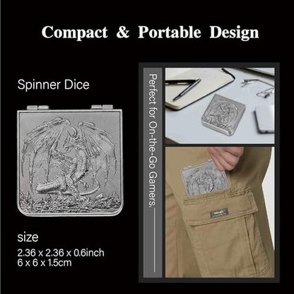 Foldable Spinner Metal DND Dice Set – Compact Elegant Design with D4, D6, D8, D10, D12, D20, D% for TTRPG - color: Ancient Nickel
