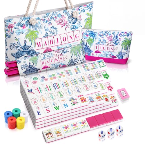 Ceenna American Mahjong Set Complete 160 Pcs Tile/Pushers/Carrying Bag/dice/Chips, 1.2 Inch Rose Pink Back Melamine Mahjong Tiles, Hand Carved Pattern for Adult Mah Jong, Beginners - style: Vitality