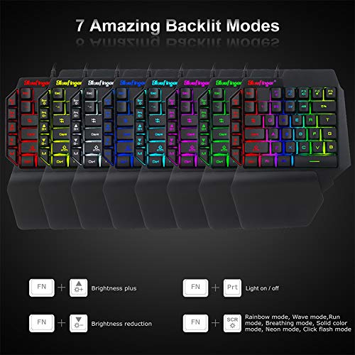 One Hand RGB Gaming Keyboard and Backlit Mouse Combo, USB Wired Rainbow Letters Glow Single Hand Mechanical Feeling With Wrist Rest Support, Gaming Set for Game