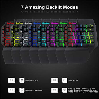 One Hand RGB Gaming Keyboard and Backlit Mouse Combo, USB Wired Rainbow Letters Glow Single Hand Mechanical Feeling With Wrist Rest Support, Gaming Set for Game