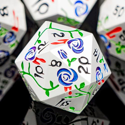 Gothic DND Dice Set Bleeding Rose Metal D and D Dice for use with Dungeons Dragons D&D Role Playing Game, Blue Purple RPG Polyhedral Dice Set D20 D12 D10 D8 D6 D4 - color: Purplish Blue&silver&black Numbers