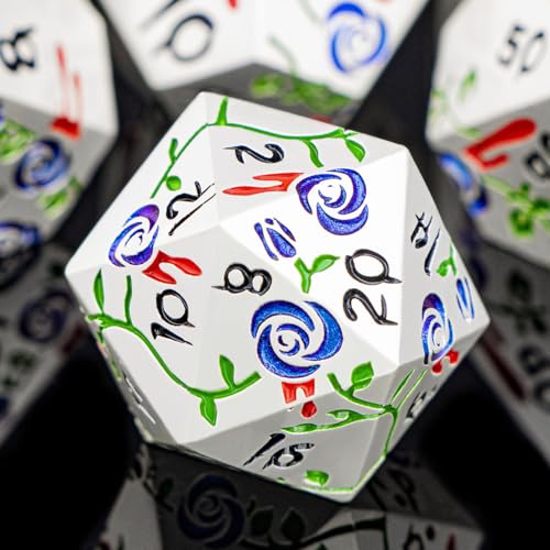 Gothic DND Dice Set Bleeding Rose Metal D and D Dice for use with Dungeons Dragons D&D Role Playing Game, Blue Purple RPG Polyhedral Dice Set D20 D12 D10 D8 D6 D4 - color: Purplish Blue&silver&black Numbers