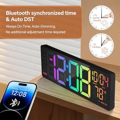 YISILE 16 Inch RGB LED Digital Wall Clock - 8 Color Display, 6 Night Light Modes, Bluetooth Auto Time Sync, Sound Wake-Up, Dual Alarm, Auto DST, Remote Dimmer for Bedroom, Living Room & Gaming Room