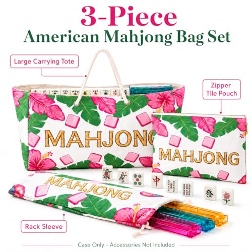 3 Pcs Empty American Mahjong Bags for Tiles and Racks and Mat, Pink Tropical Mahjong Carrying Tote with Zipper Tile Pouch and Rack Sleeve, Thickened Canvas Storage Bag, Case Only - color: Pink Tropical