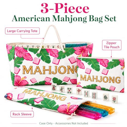 3 Pcs Empty American Mahjong Bags for Tiles and Racks and Mat, Pink Tropical Mahjong Carrying Tote with Zipper Tile Pouch and Rack Sleeve, Thickened Canvas Storage Bag, Case Only - color: Pink Tropical