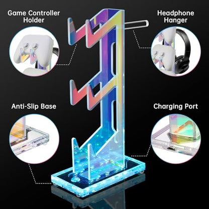 NiHome Controller Holder & Headphone Stand, LED Acrylic 3-Tier Gaming Desk | USB-Powered 7 Colors 3 Modes, Anti-Slip Headset Cable Management, Gamer Gift For PS5 Xbox - size: 3-Tier