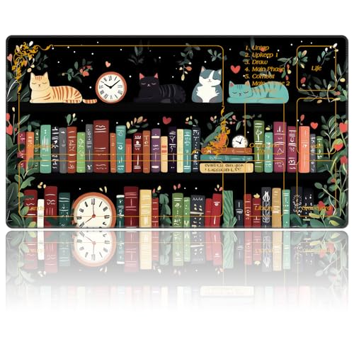 DEGDFSGR for MTG Playmat with Zones 24 x 14 inches for TCG Playmats Non-Slip Rubber Base Commander Play Mat for MTG Mat Iorcana Trading Card Game, Cozy Cat Bookshelf - color: Cozy Cat Bookshelf, size: 24" x 14"