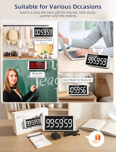 Large 7.8" Digital Timer with LED Display, Magnetic for Kitchen & Classroom | USB-C Rechargeable Timer with 99-Hour Count Up & Countdown, 3 Brightness Levels, 5 Alarm Sounds, 4 Volume Levels for Study - color: White