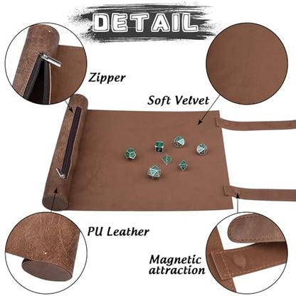 SIQUK 2 Pieces Magnetic Dice Mat Tray Rolling Mat with Zipper PU Leather Folding Scroll Dice Holder for D&D RPG Games (Camel, Black) - color: Camel, Black