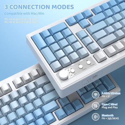 FREEWOLF K100 99 Keys Gaming Membrane Wireless Keyboard with Media Knob,Tri-Mode BT/2.4GHz/USB-C,Side Printed Keys RGB Backlit Retro Cute Creamy Silent Computer Keyboard for MAC PC- Gradient Blue - color: Gradient Blue