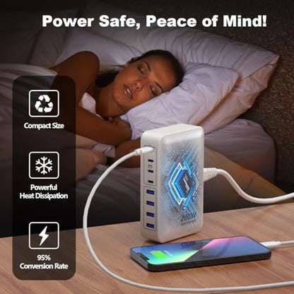 USB C Charger 200W Charger Block, 8-Ports Gan Fast Charging Station Hub, PD 65W Laptop Charging Adapter Compatible with MacBook Pro/Air, DELL, Steam Deck, iPhone 17/16/15/14, Galaxy (White) - color: White